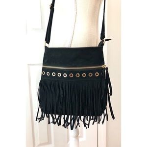 **SOLD** Black faux suede purse with fringe accent